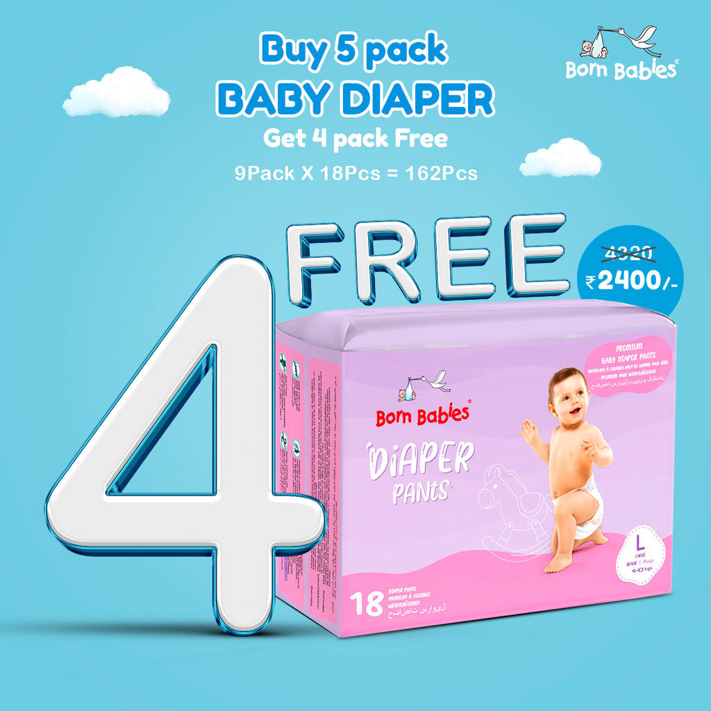 Born Babies Baby Diaper Pants Three Layer Leakage Protection With High Absorb (Pack Of Buy 5 Get 4 Free 162 Pieces) - L