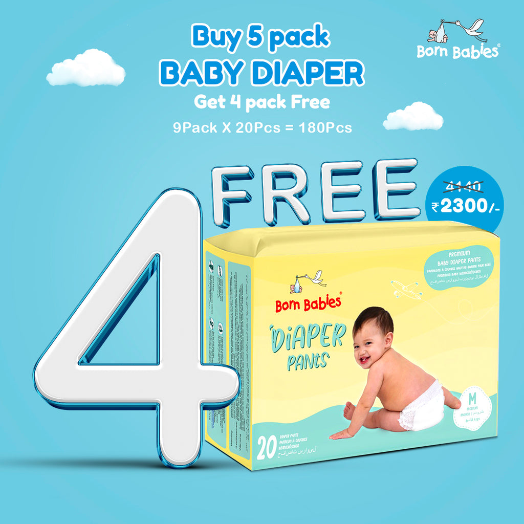 Born Babies Baby Diaper Pants Three Layer Leakage Protection With High Absorb (Pack Of Buy 5 Get 4 Free 180 Pieces) - M