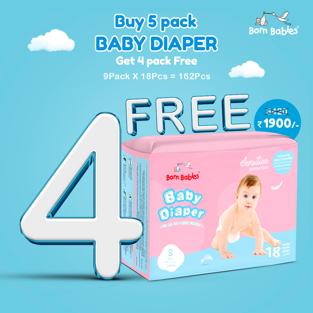 Born Babies Baby Tape Diaper Three Layer Leakage Protection With High Absorb (Pack Of Buy 5 Get 4 Free 162 Pieces) - S