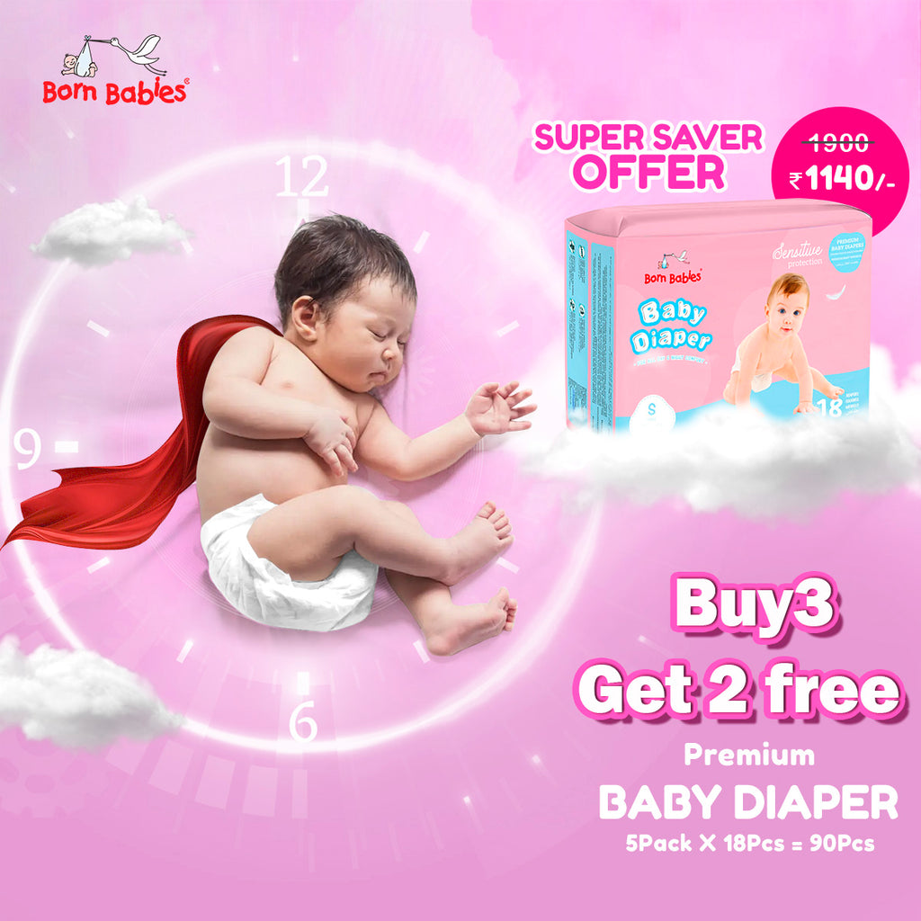 Born Babies Baby Tape Diaper Three Layer Leakage Protection With High Absorb (Pack Of Buy 3 Get 2 Free 90 Pieces) - S