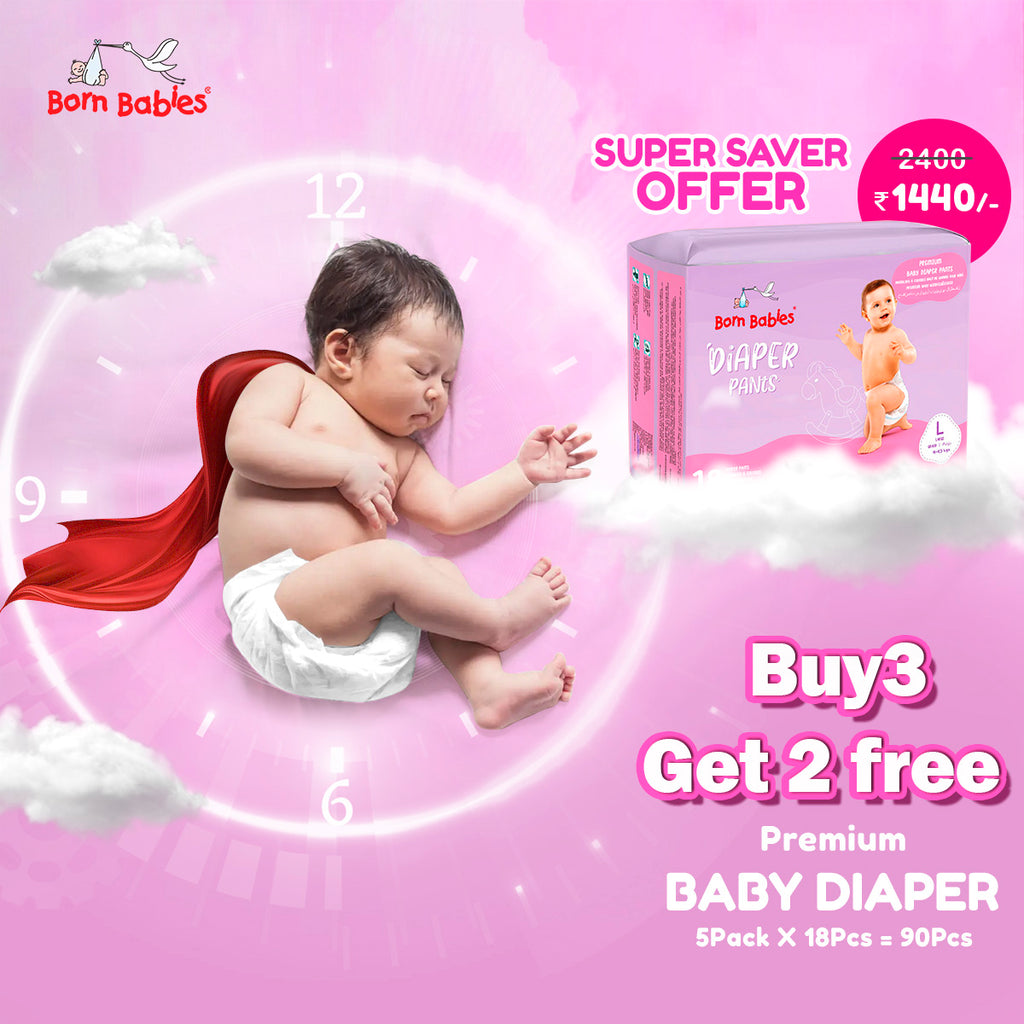 Born Babies Baby Diaper Pants Three Layer Leakage Protection With High Absorb (Pack Of Buy 3 Get 2 Free 90 Pieces) - L