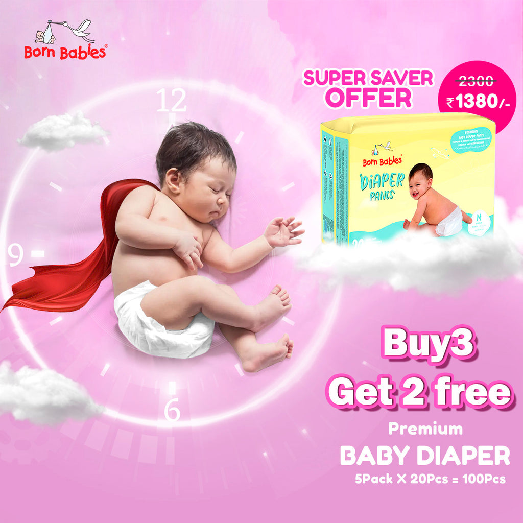 Born Babies Baby Diaper Pants Three Layer Leakage Protection With High Absorb (Pack Of Buy 3 Get 2 Free 100 Pieces) - M