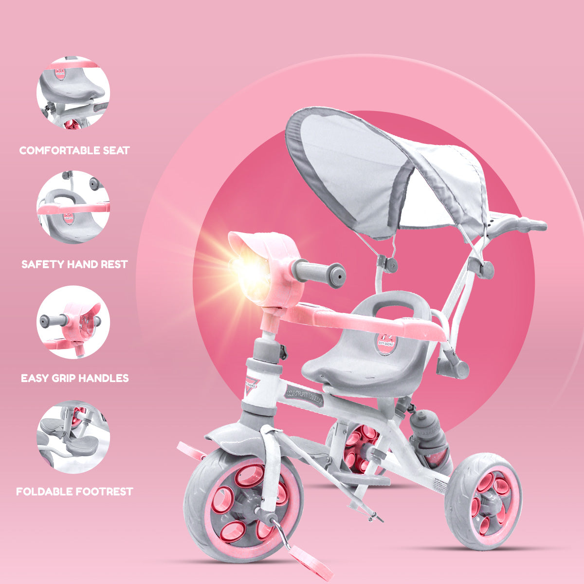 Kids Happy Ride Trike Tricycle With Adjustable Canopy Parental Handl Born Babies