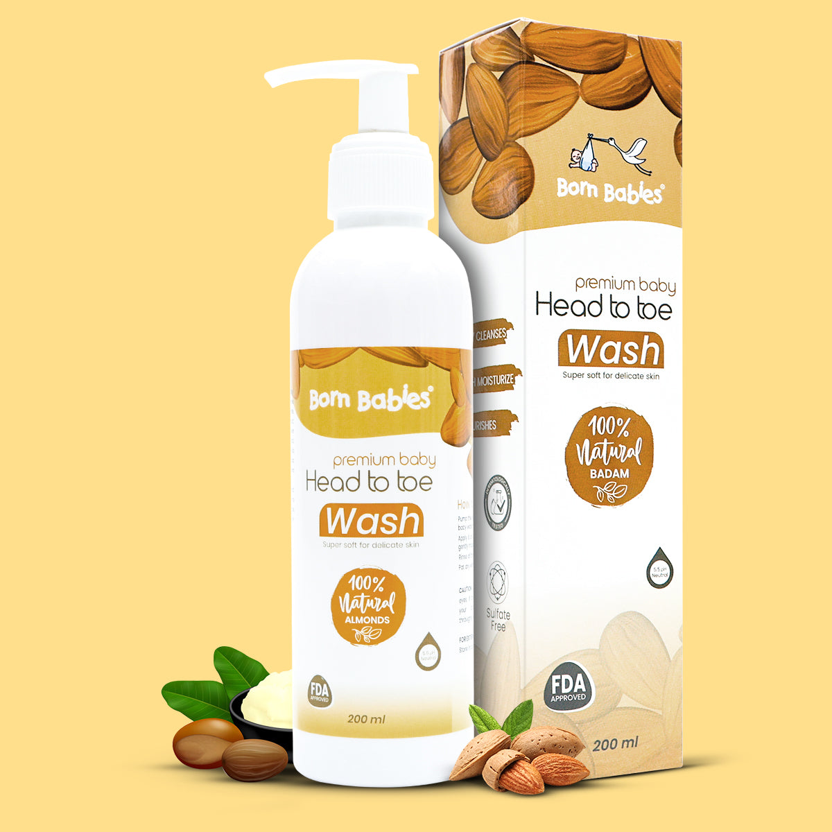 Born Babies Almond & Cucumber Baby Head To Toe Wash Combo (2PCS) - 200ML (Buy 1 Get 1 Free)