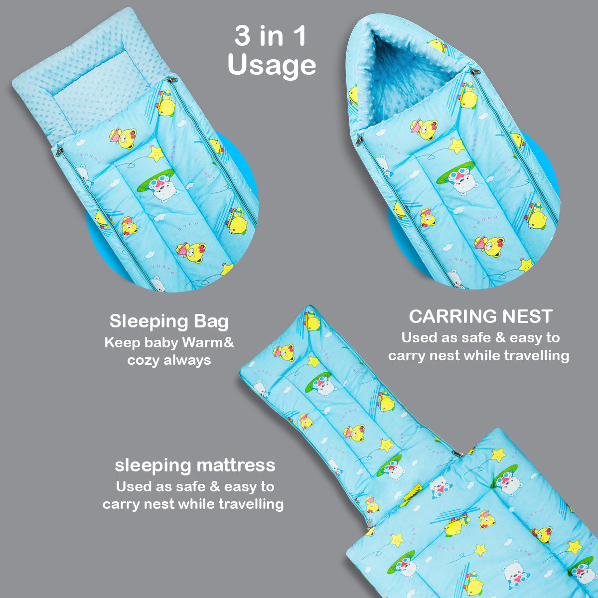 Born Babies Baby Cotton Printed Carry Bed Cum Sleeping Bag 3 in 1 Blue