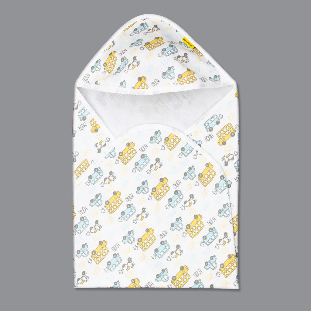 Born Babies New Born Baby Muslin Organic Cotton Hooded Baby Wrapper Cum Baby Cap Towel - Yellow