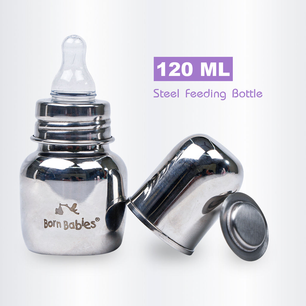 120 ml Born Babies Stainless Steel Feeding Bottle With Anti-Colic Silicone Nipple & Travel Cap
