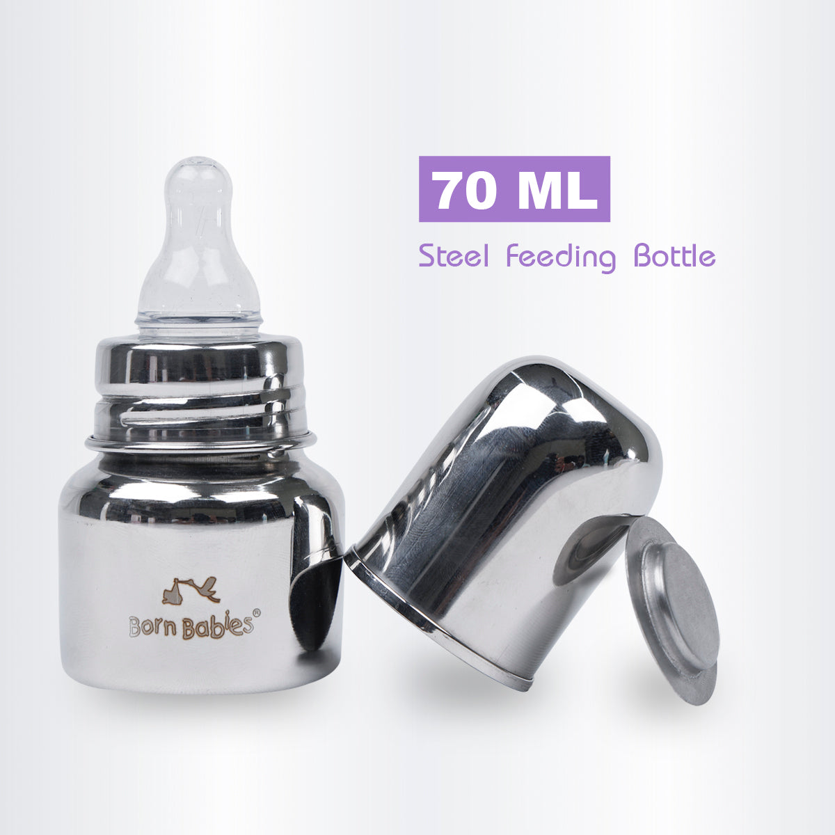 70 ml Born Babies Stainless Steel Feeding Bottle With Anti-Colic Silicone Nipple & Travel Cap