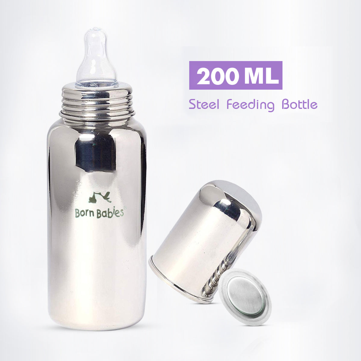 200 ml Born Babies Stainless Steel Feeding Bottle With Anti-Colic Silicone Nipple & Travel Cap