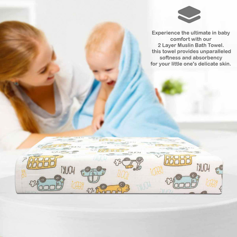 Unisex 100% Organic Muslin Cotton Bath Towel Cute Car Print