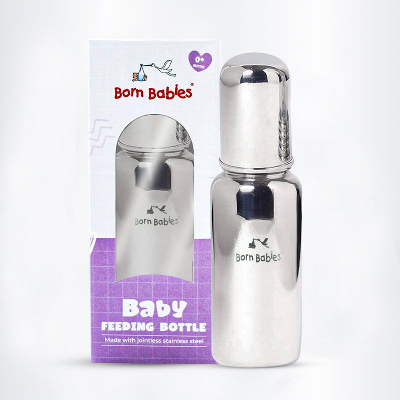 200 ml Born Babies Stainless Steel Feeding Bottle With Anti-Colic Silicone Nipple & Travel Cap