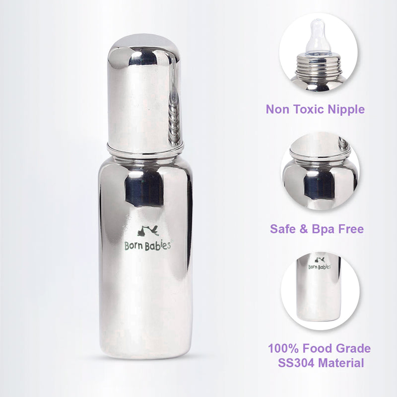 200 ml Born Babies Stainless Steel Feeding Bottle With Anti-Colic Silicone Nipple & Travel Cap