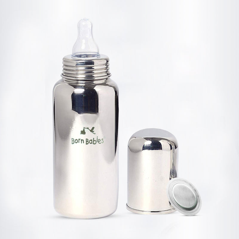 200 ml Born Babies Stainless Steel Feeding Bottle With Anti-Colic Silicone Nipple & Travel Cap